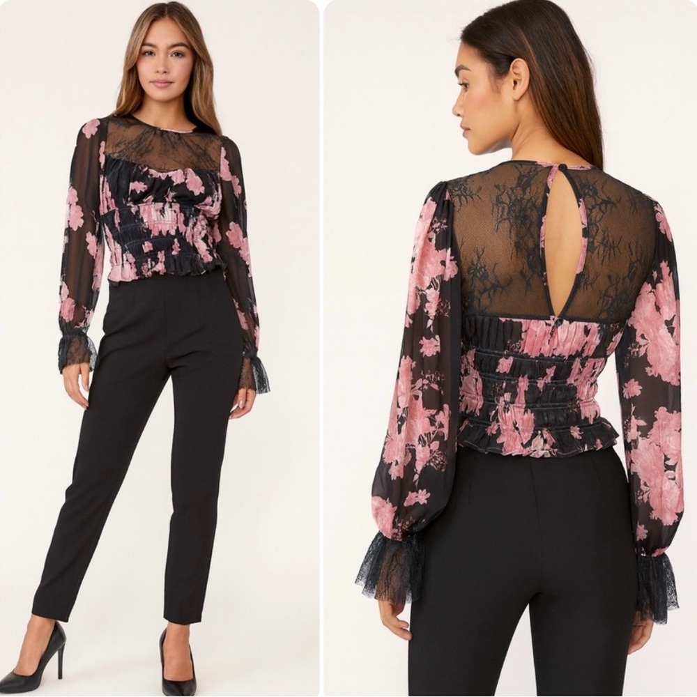Free People Daphne floral lace Black and Pink cropped long sleeve blouse, size S